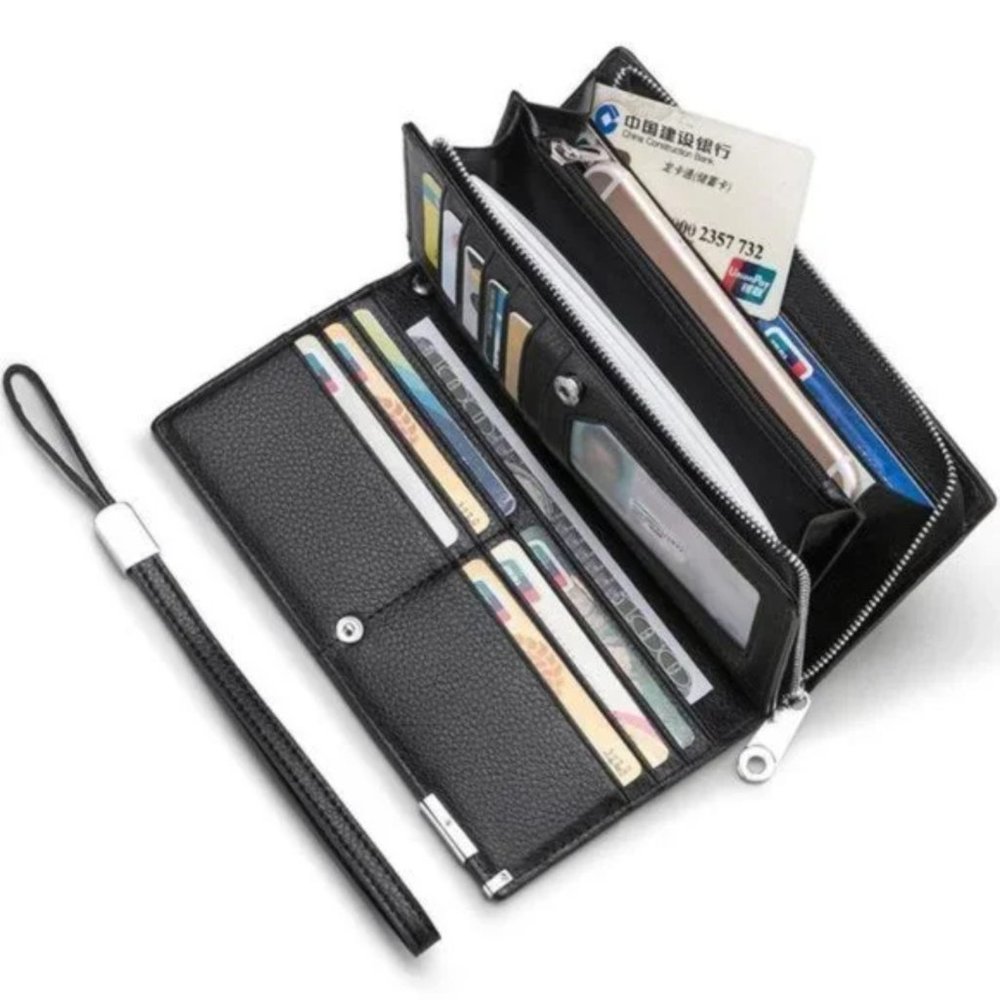 New Long Black Leather Wallet for Men Zippered Leather Wallet RFID - Picture 6 of 12
